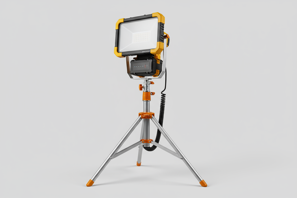 Portable 10,000-lumen LED floodlight with adjustable stand and rechargeable battery—built for durability on active job sites.