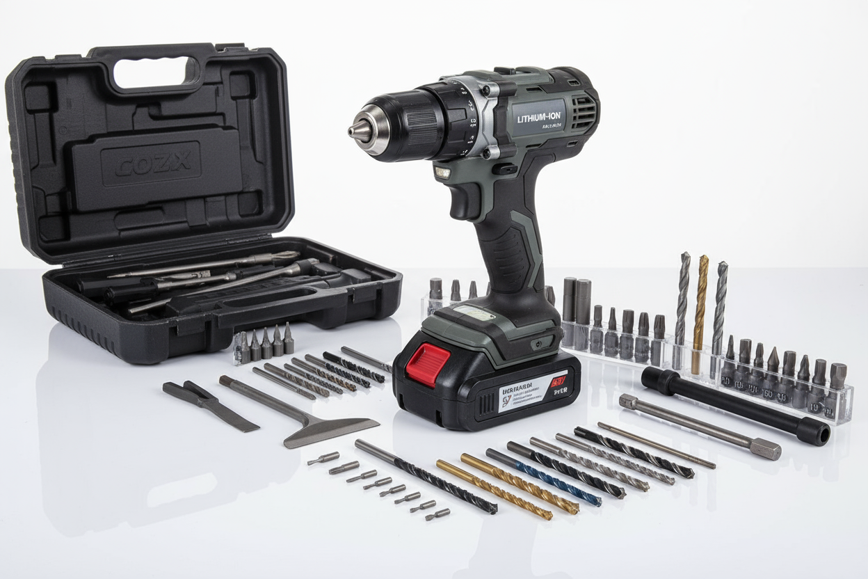 Professional-grade lithium-ion cordless drill with variable speed, torque control, and full accessory kit.